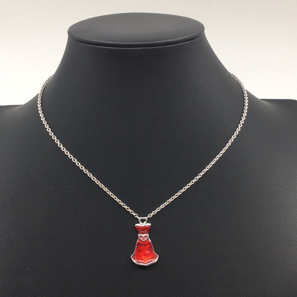 Swarovski Red Enamel Dress Pendant Silver Tone Necklace